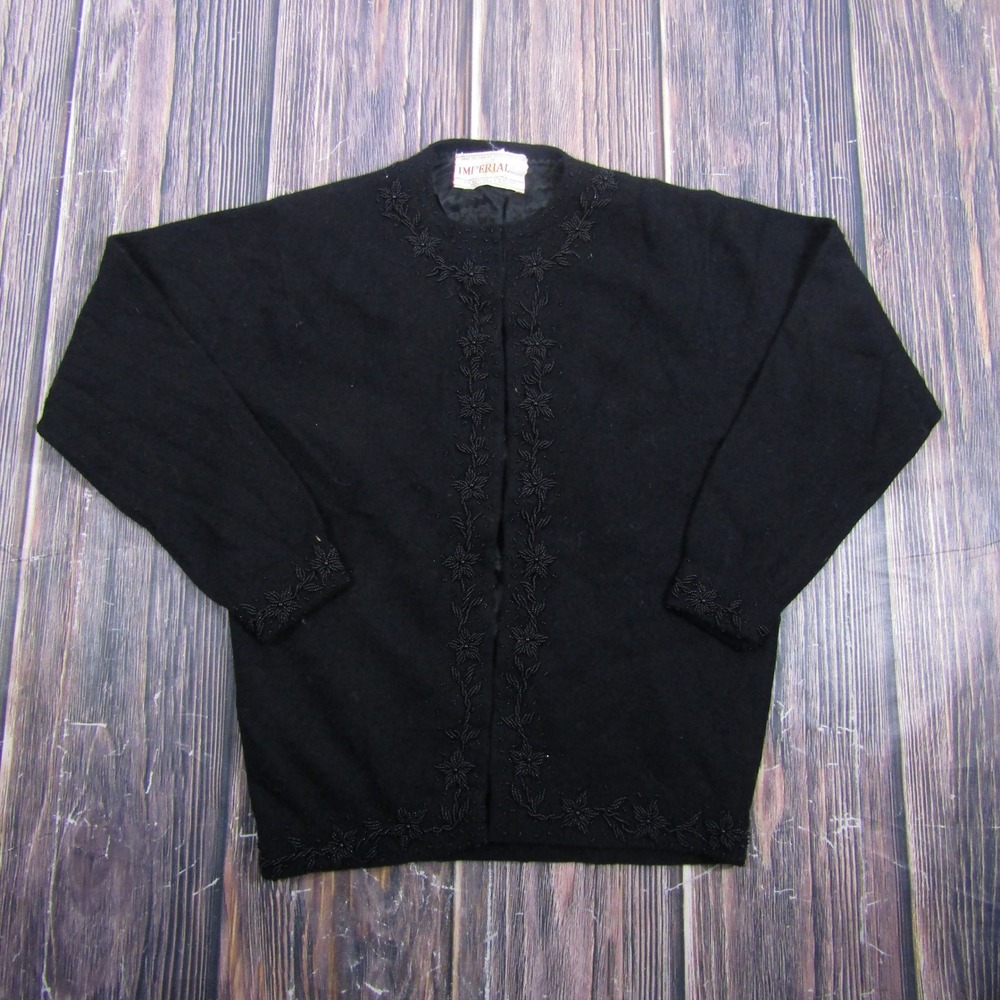 Imperial Cardigan Sweater Womens S Black Beaded Wool Angora Vintage Hong Kong